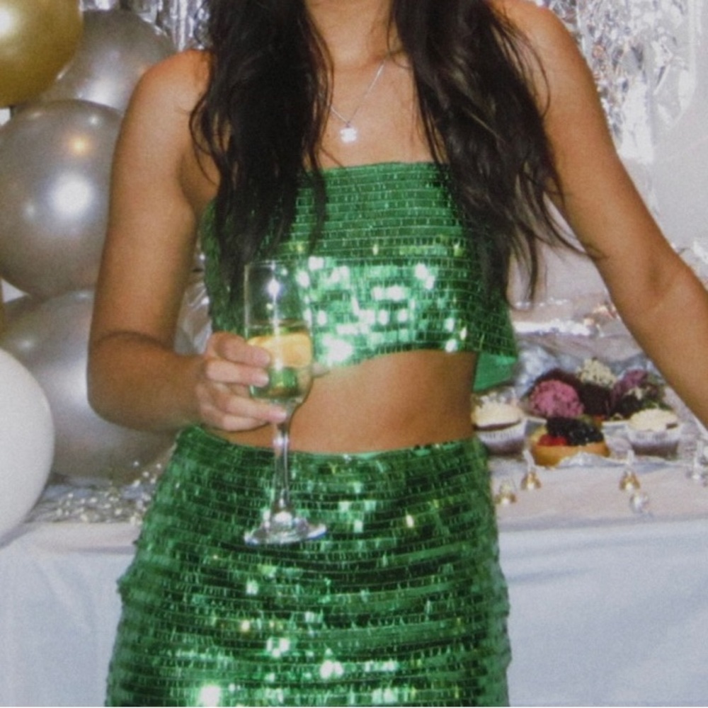 Green strapless sequin top and skirt set